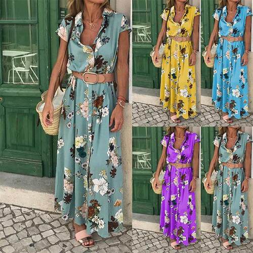 Printed Vneck short sleeved long dress印花V领短袖长款连衣裙
