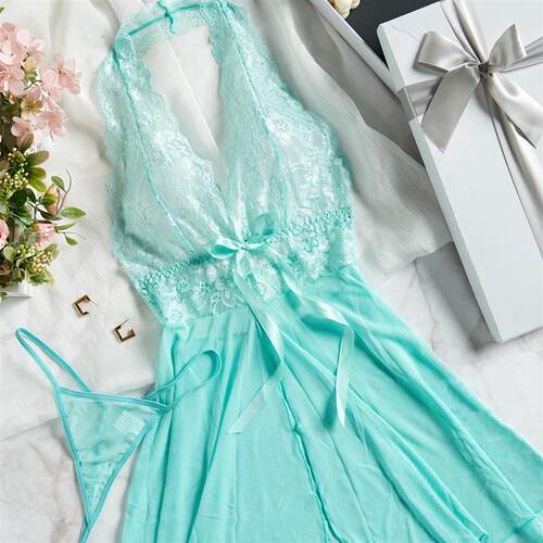 Sexy lace mesh perspective dress and nightgown set for women