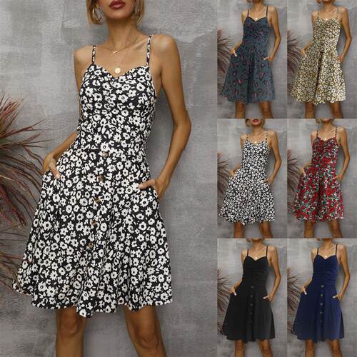 Fragmented Vneck Pullover Strap Dress 碎花V领套头连衣短裙女