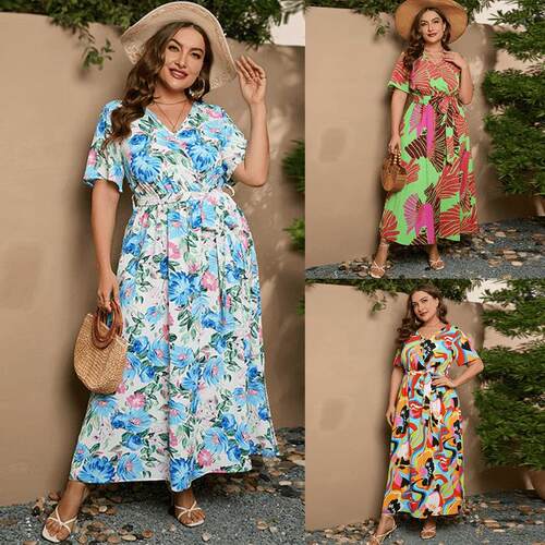 Plus size summer women Print dresses Fashion Vneck skirt 裙