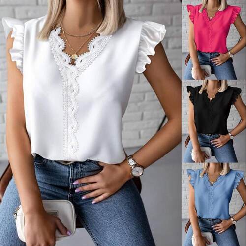 2024 ruffled Vneck lace loose fitting shirt for women