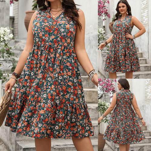 Plus size Vneck print women dress大码女装胖MM碎花无袖连衣裙