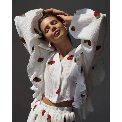欧美荷叶边草莓印花衬衫短裙套装 Printed shirt short skirt set