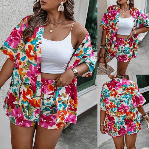 Two piece bohemian print set L5XL Summer shirt shorts suit