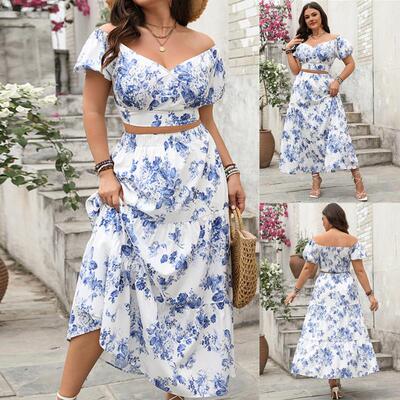 Plus size Printed Vneck top  skirt Two piece set大码两件套