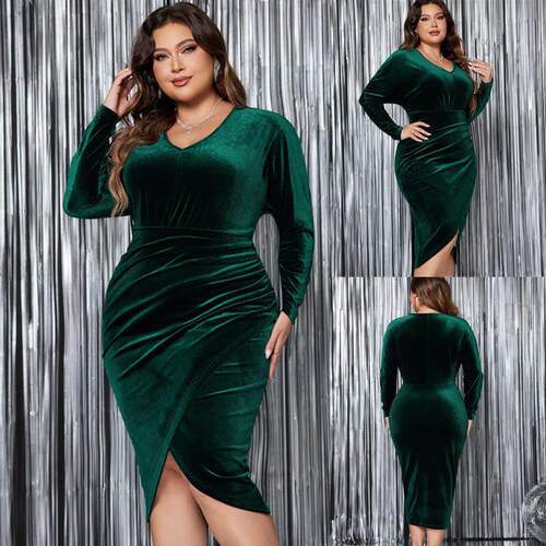 Plus Size Women Dress 2024 Autumn Winter Plus Size V领连衣裙
