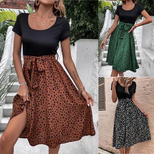 Round neck short sleeved lace up dress圆领短袖系带大摆连衣裙