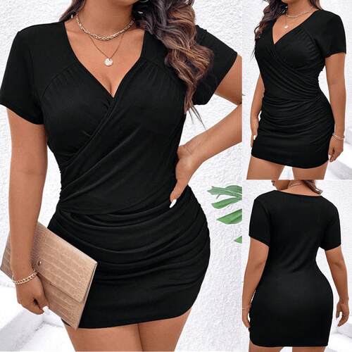 Plus size Summer Women Casual Slim Fit Short Sleeve Dress 女
