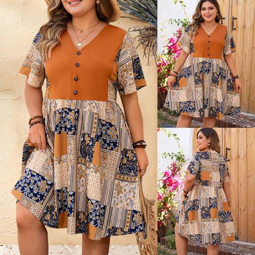 Plus size Boho Summer Vneck printed dress大码女装夏季连衣裙