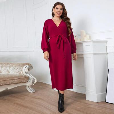 Plus Size Spring autumn Vneck red long sleeved gown dress