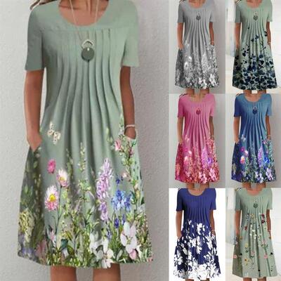 Round neck short sleeved pocket dress 印花圆领短袖口袋连衣裙