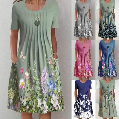Round neck short sleeved pocket dress 印花圆领短袖口袋连衣裙