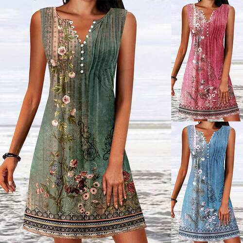 Vneck sleeveless button waist dress V领无袖纽扣收腰连衣裙女