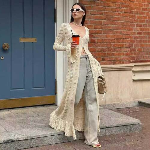 Knitted Dress Women法式度假风镂空毛织外套休闲长款开衫连衣裙