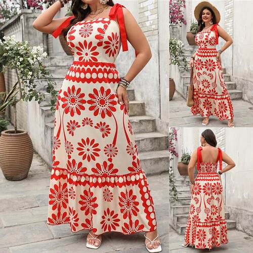 Plus size Strap printed women dress 大码女装印花吊带长连衣裙