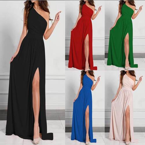 Slanted collar sleeveless slit dress纯色斜领无袖开叉连衣长裙