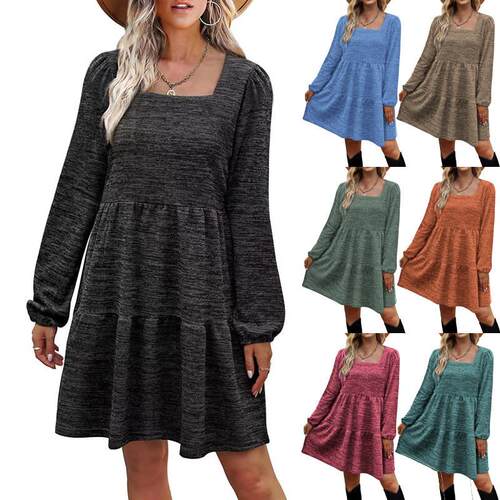 Solid color square neck long sleeved dress纯色方领长袖连衣裙