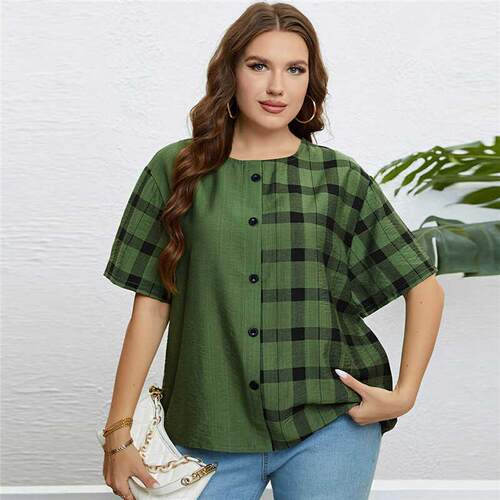 Summer Casual Top for Women Plus Size Round Neck Blouse 大码