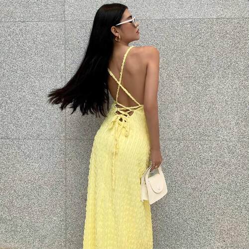 Solid color Uneck open back lace up dress U领露背系带连衣裙