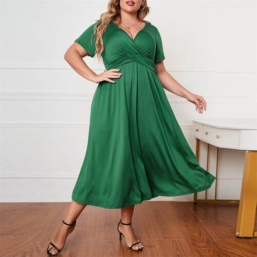 2024性感大码连衣裙皱褶交叉弹力宽松Sexy Party dress plus size