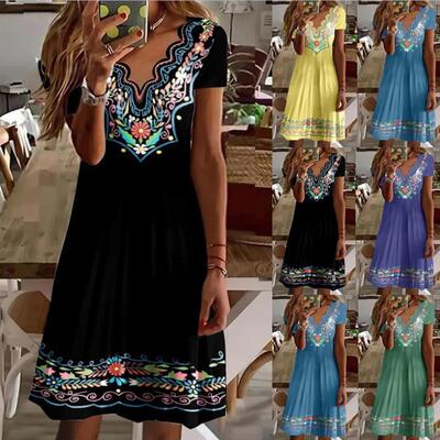 Printed Wave Vneck Short Sleeve Dress 印花波浪v领短袖连衣裙