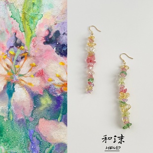 〖夏日漱石〗原创天然石彩色水晶耳环长款碎石流苏耳钩高级感耳饰