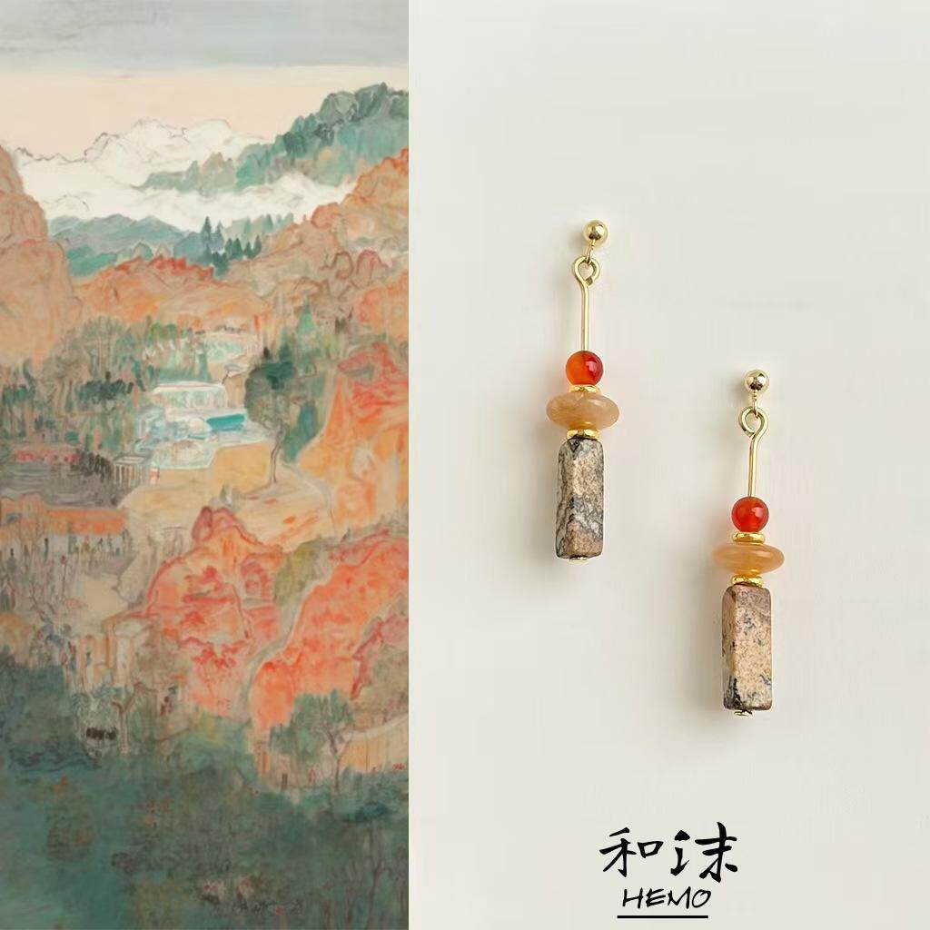 Hemo手作『丹霞珰』国风原创天然红玛瑙耳环新中式复古文艺耳饰女