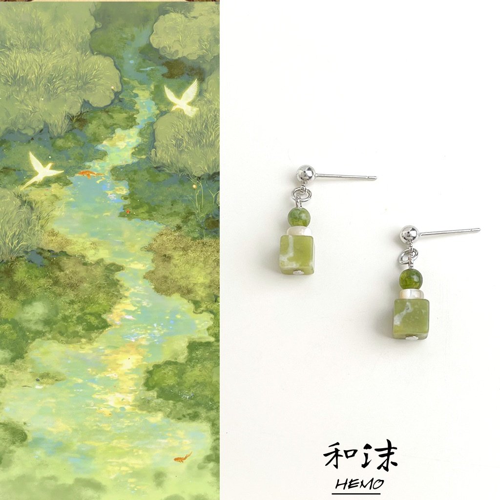 〖岫玉小方〗国风原创天然岫玉耳钉复古文艺耳环新中式小众耳饰