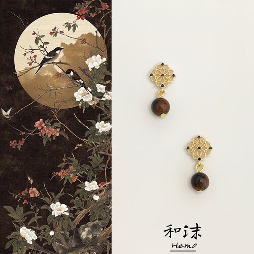 Hemo原创锆石虎眼石镂空窗花耳环