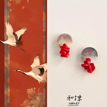 〖红海竹〗国潮原创几何祥云耳环新中式黑蝶贝耳坠轻奢高级感耳饰