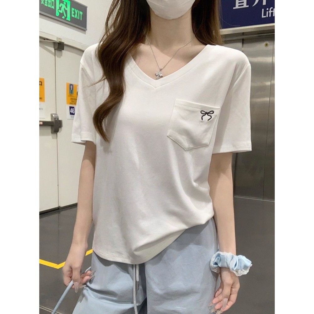 蝴蝶结刺绣口袋v领短袖t恤女