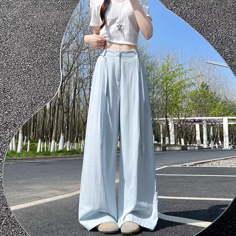 蓝色西装阔腿裤女夏季薄款韩系慵懒松弛感裤子宽松bf慵懒风休闲裤