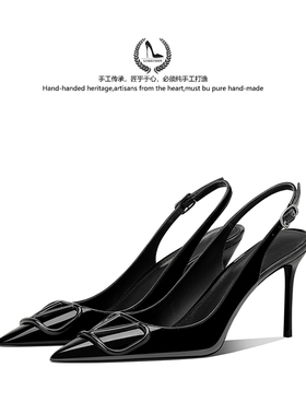 LUKE2025新款真皮V字扣后空包头凉鞋黑色漆皮御姐风通勤鞋女