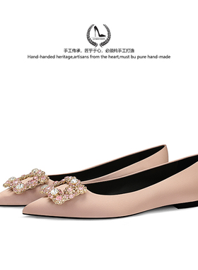 LUKE2025夏季新款轻奢名媛RV绸缎水钻方扣平底鞋浅口婚鞋伴娘鞋