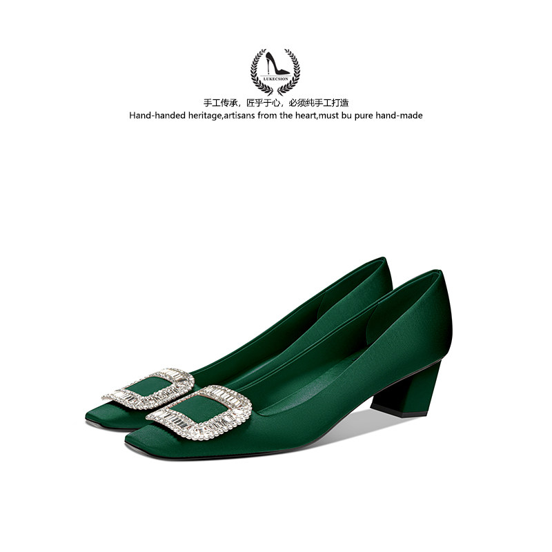 法式气质RV水钻方扣浅口绸缎单鞋