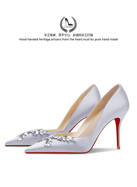 LUKE2025夏季新款灰色水钻高跟鞋女细跟尖头高级感职业单鞋女