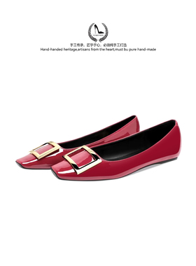 LUKE平底单鞋女秋冬款RV漆皮方头芭蕾舞金属扣浅口红色婚鞋不累脚