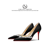 LUKE2026年夏新款 女 气质名媛尖头舒适单鞋 法式 黑色水钻高跟鞋