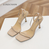 LUKE2026年夏季 女 高跟凉鞋 新款 仙女一字带裸色简约细跟真皮法式