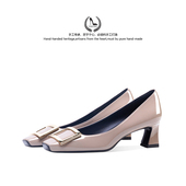 LUKE法式 舒适百搭休闲职业鞋 rv方扣方头单鞋 女浅口粗跟中跟瓢鞋