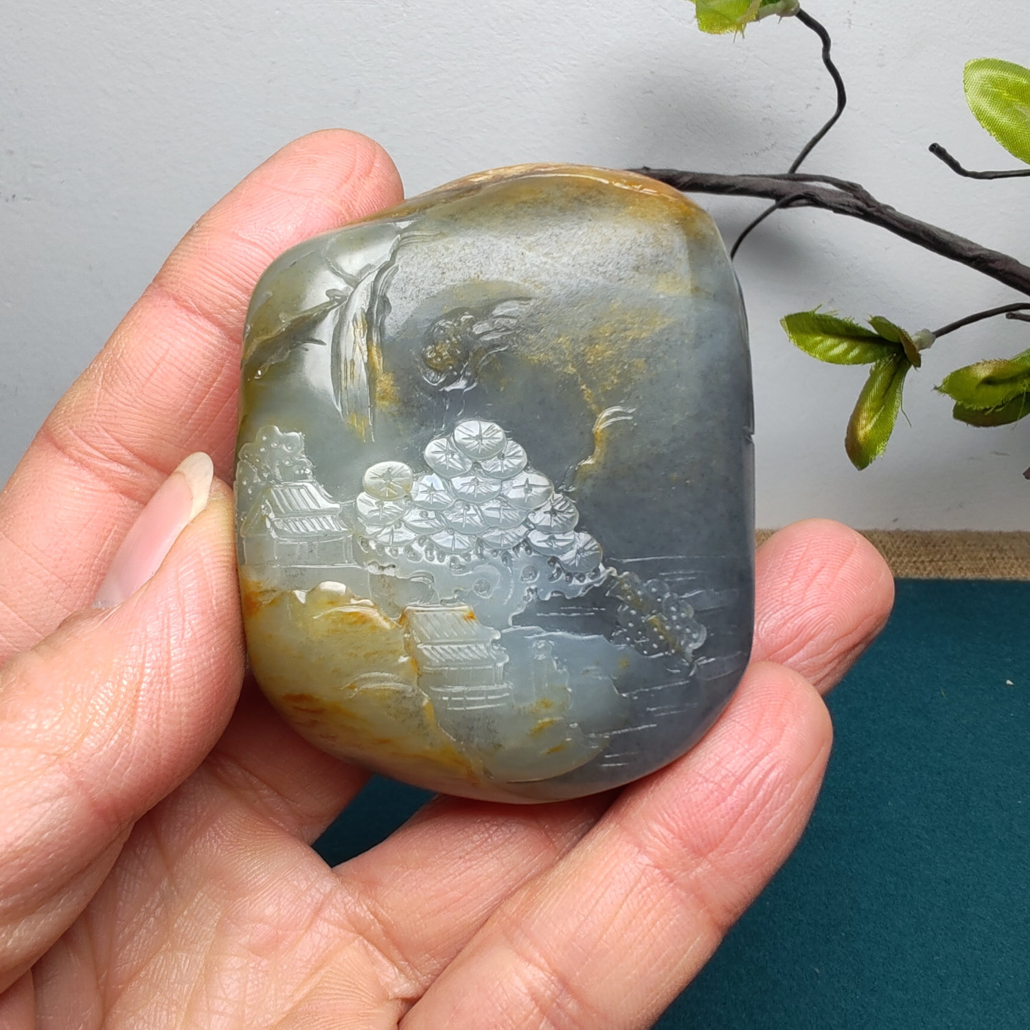 新疆和田玉籽玉青花墨玉山水意境手把件苏工精雕男女国风高山流水