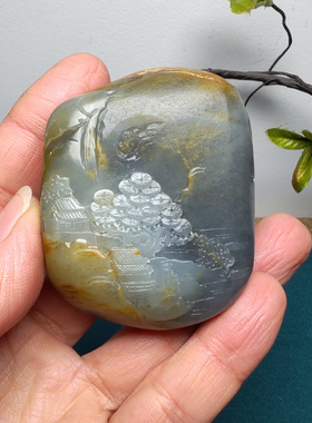 新疆和田玉籽玉青花墨玉山水意境手把件苏工精雕男女国风高山流水