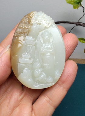 和田玉糖白玉山水意境观音牌子小把件手把件大师级油润男无穷般若