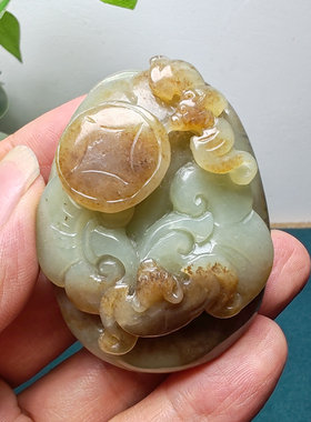 且末糖青白玉蝙蝠铜钱如意手把件