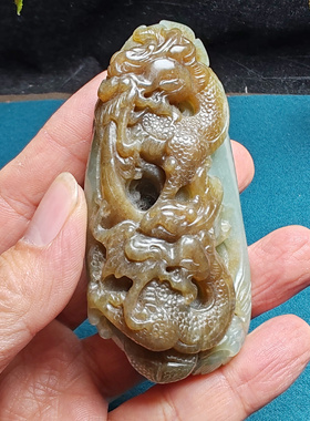 新疆和田玉且末糖青白玉双龙手把件苏工精品油润男女国风龙行天下