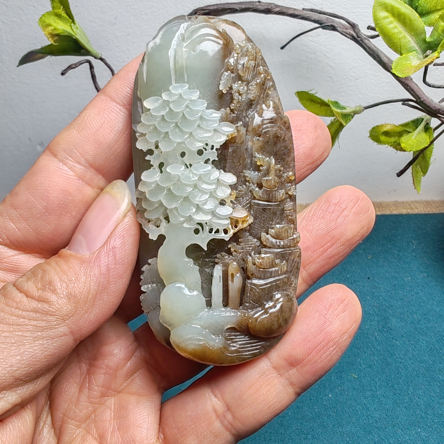 和田玉糖青白玉山水意境手把件苏工精雕精品正品男女国风宁静致远