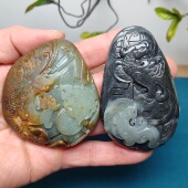 新疆和田玉籽料原石青花墨玉仿古龙凤螭龙兽面貔貅锦灰堆把件挂件