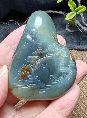新疆和田玉籽料青花山水意境手把件苏工精雕油润男女国风山居秋暝