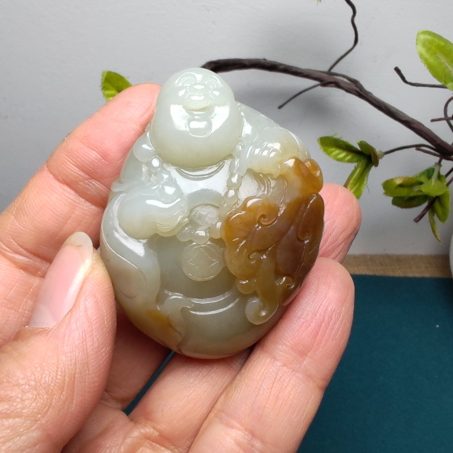新疆和田玉且末糖青白玉佛财神如意手把件高档男女国风财福双至