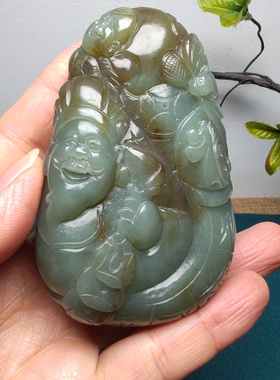 新疆和田玉且末蓝调糖玉财神童子蝙蝠荷叶铜钱手把件男女财源广进